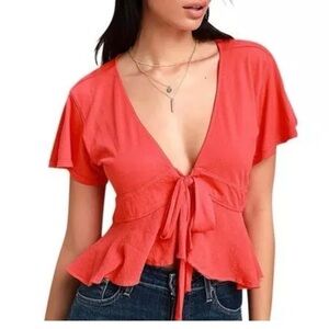 We The Free People Knot Me Tee Red Boho Lightweight Crop XS